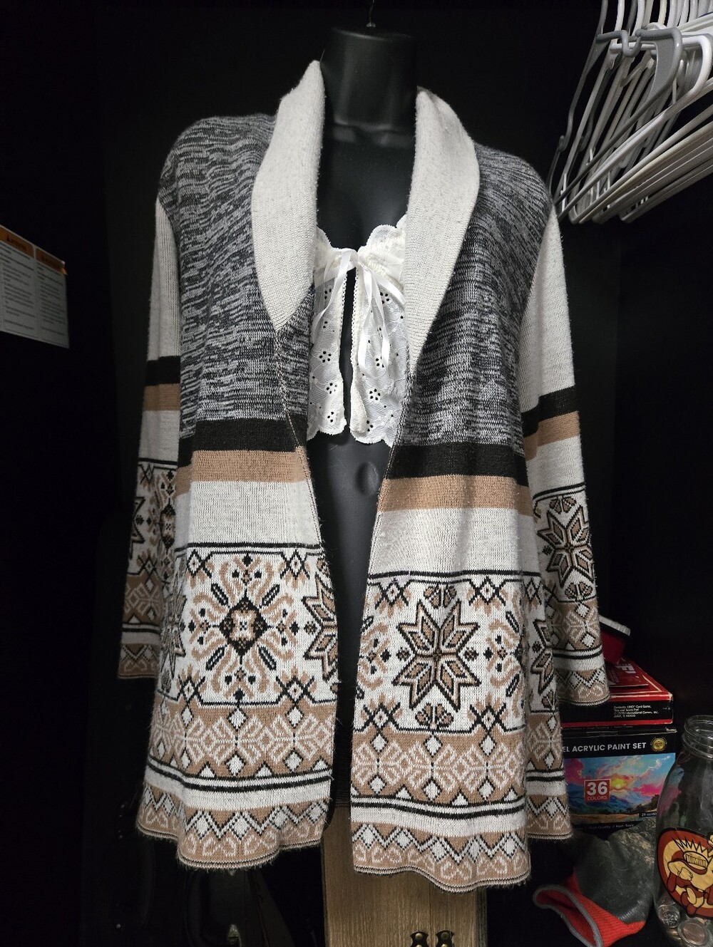 Fair Isle Open Front Shawl Collar Cardigan Sweater | Aztec Nordic Tribal Knit